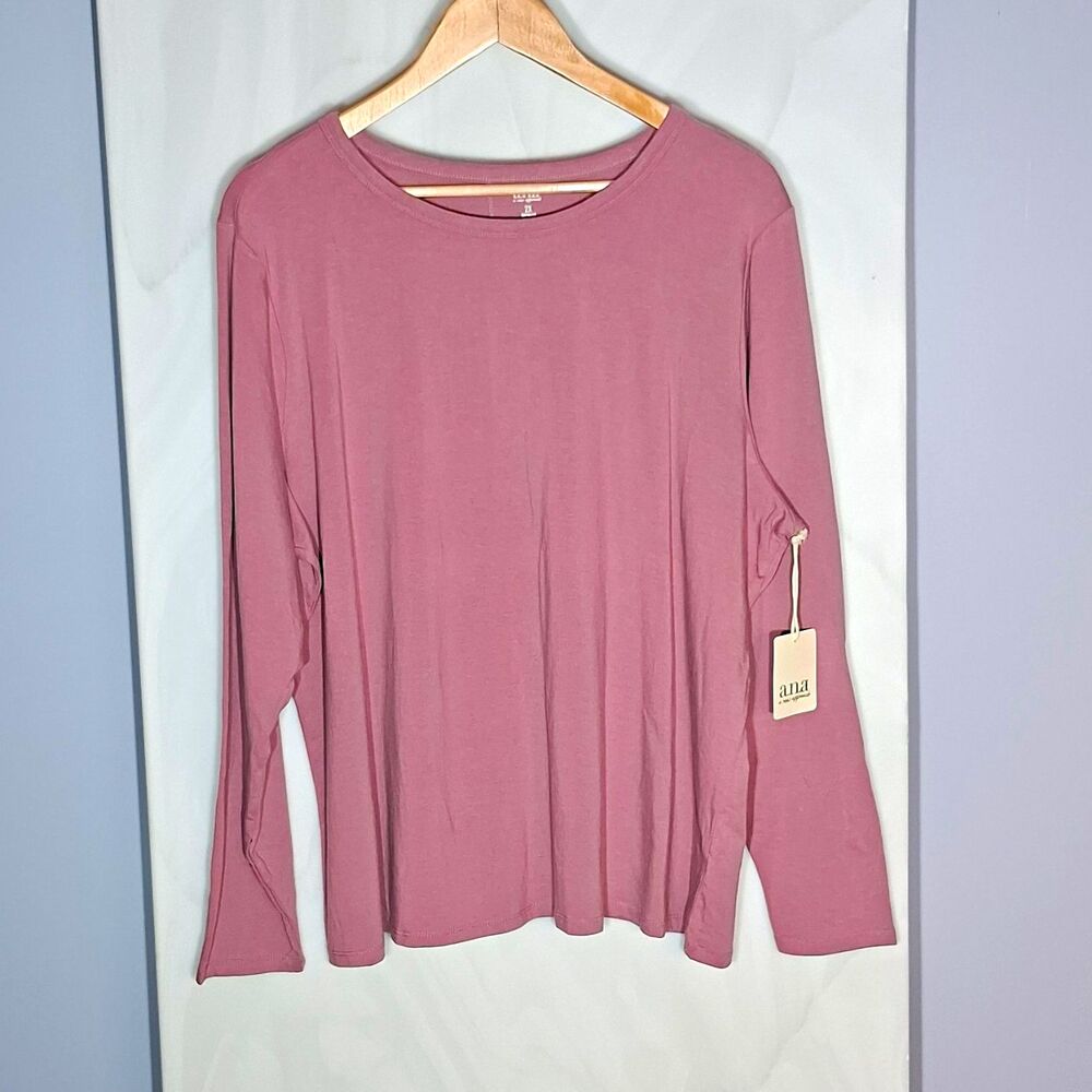 a.n.a Women’s 2X Pink Solid Knit Pullover T-Shirt Long Sleeve Crew Neck Stretch